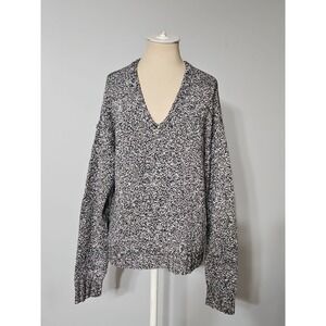 Lucky Brand Women's Sweater Medium Black White Marbled Knit Long-sleeve V-neck